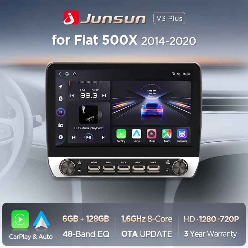 Junsun 10,1" Tasten Drahtloses Carplay Android Auto Autoradio für Fiat 500X 2014 2015 2016 2017--2020 Bluetooth GPS Navi 4G DSP Image