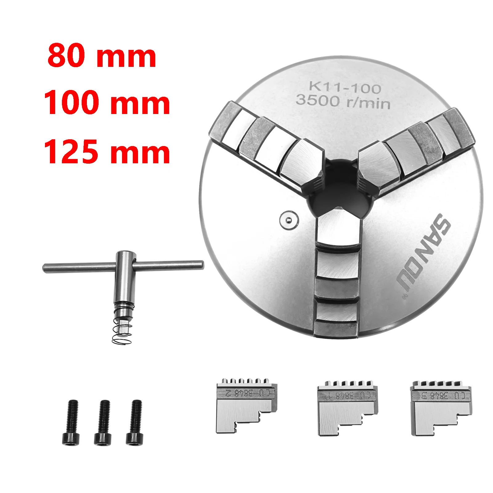 Selbstzentrierendes 3-Backen-Spannfutter 80 mm/100 mm/125 mm Drehfutter-Set für CNC-Werkzeugmaschinen, Fräs- und Bohrmaschinen, Klemmung Image