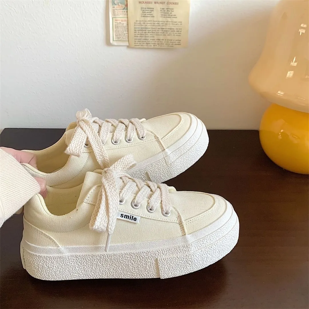 2025 New SyfIynoWomen's Casual Sports Shoes Style Canvas Board Shoes Thick Sole White Color Niche Versatile Summer Spring