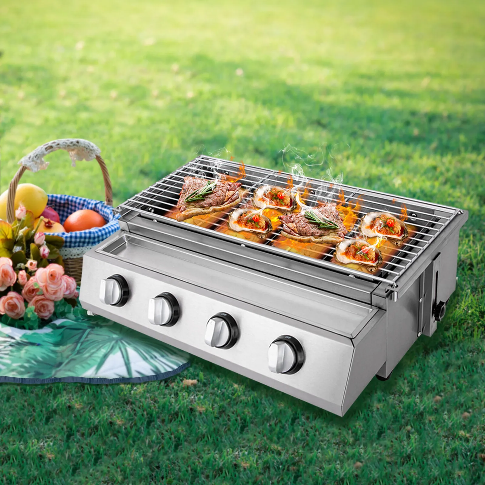 Gas-BBQ-Grill, Edelstahl, für Outdoor, Camp, Picknick, Grillen, Schasch, Kabob, 4-Brenner Image