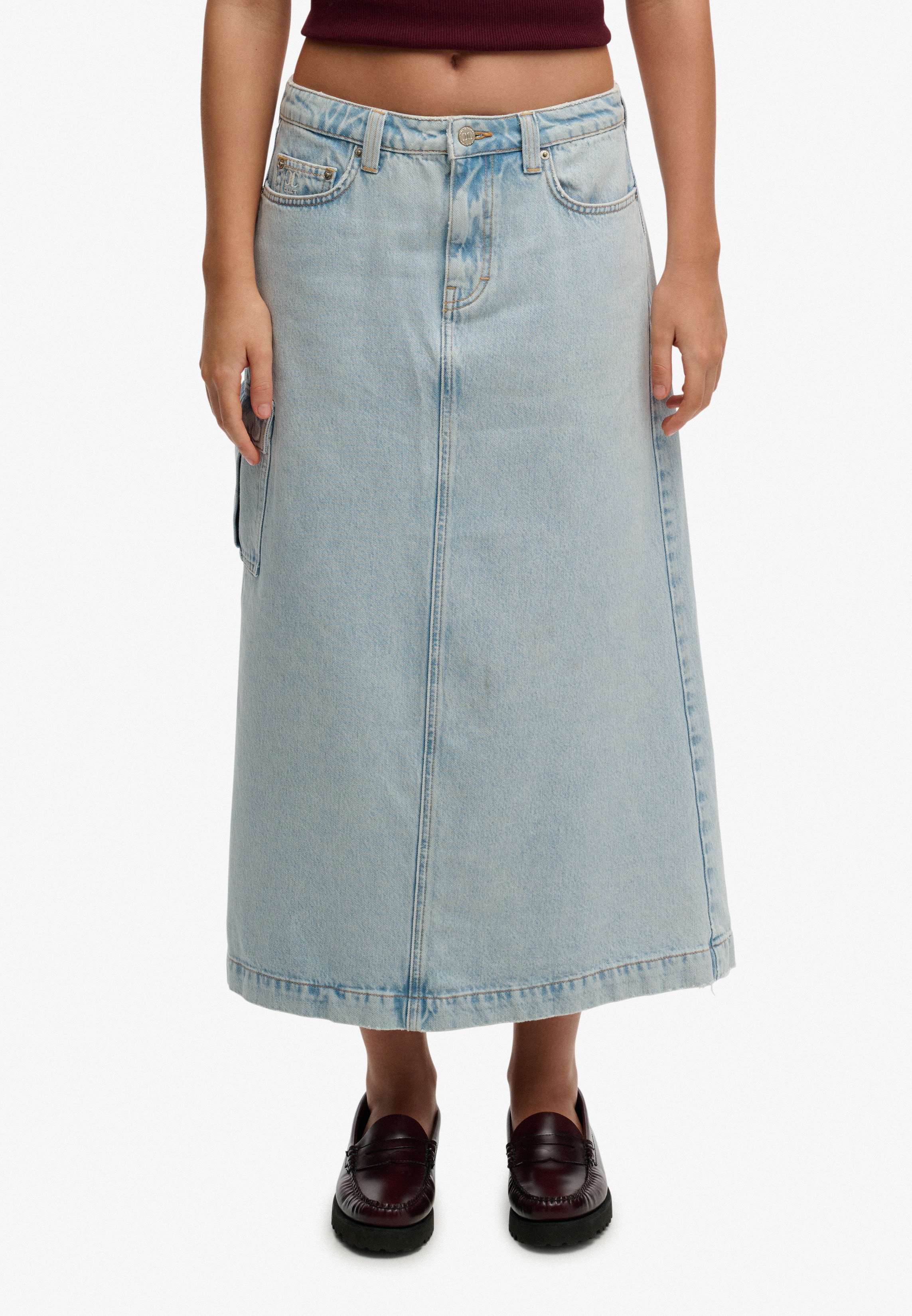 Jeansrock SUPERDRY "DENIM CARGO MAXI SKIRT", Damen, Gr. L, light vintage blau, Web, Obermaterial: 100% Baumwolle, Abriebeffekte, regular fit kniebedeckend, Röcke Jeansrock Image