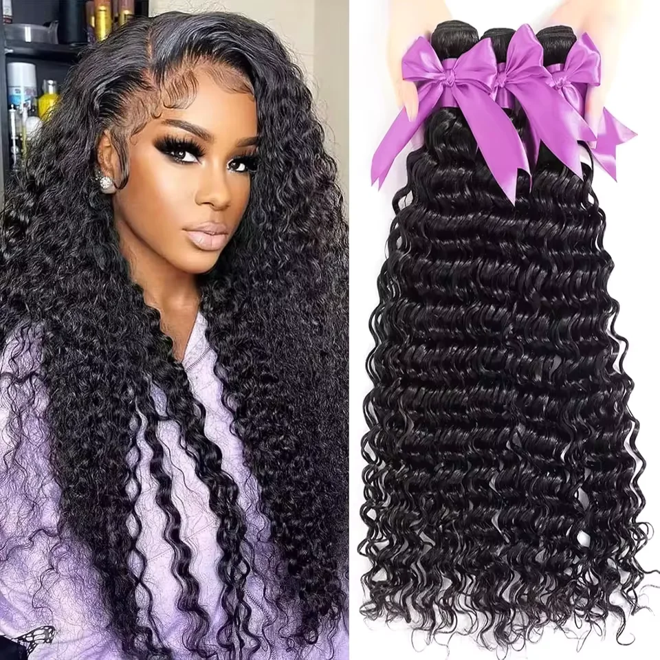 Extensioni di capelli ricci Deep Wave, 100% capelli umani, 26 28 30 pollici, per donne, capelli vergini Remy peruviani, extension di capelli umani grezzi.