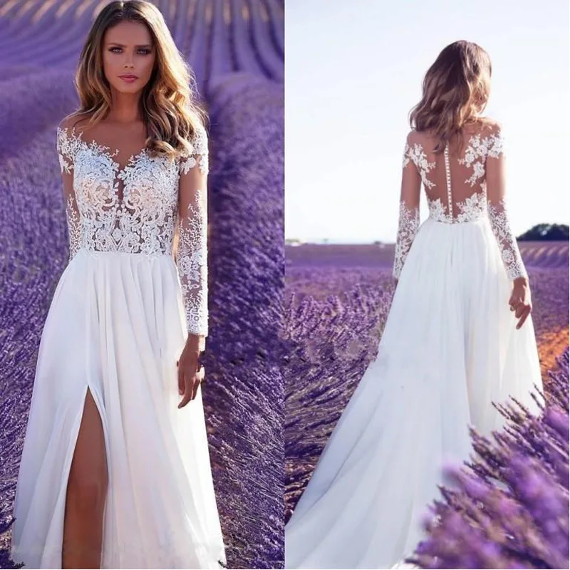 Abiti da sera Sexy da donna abiti da sera bianchi a maniche lunghe in pizzo prospettiva abito da donna a vita alta Slim a vita alta