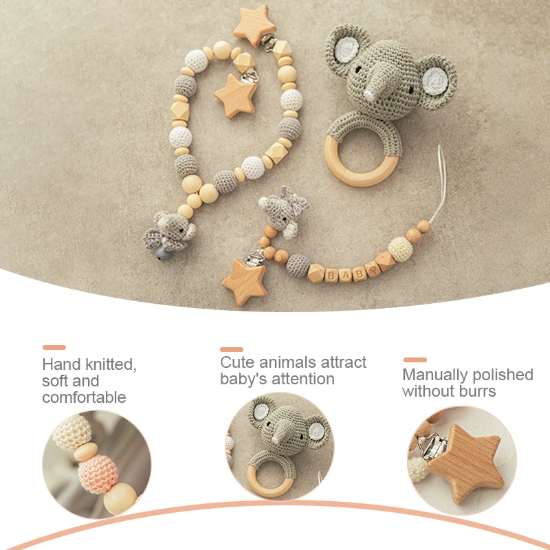 Badespielzeug-Set für Neugeborene, Babyhandtuch, doppelseitige Baumwolldecke, Holzrassel, Armband, gehäkeltes Spielzeug, Geschenkbox, Babypflege-Essentials Image