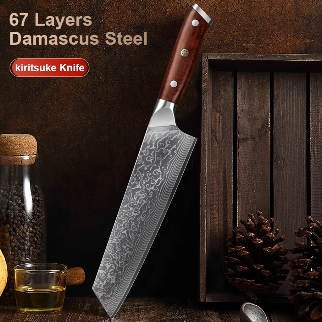 8,5-Zoll-Kiritsuke-Messer, 67-lagig, Damaststahl, scharfe Klinge, Kochmesser, Fleischschneiden, Küche, Kochutensilien mit Palisandergriff Image