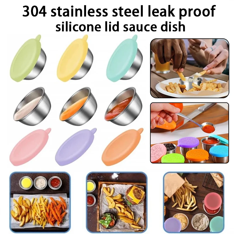 6 Stück hochwertiger Saucenbecher, Gewürzteller aus Edelstahl 304, Silikondeckel, auslaufsicherer Tomatensalatbehälter, Tauchschale Image