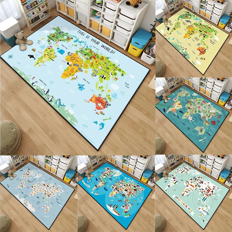 Cartoon Kinder Weltkarte Muster Wohnzimmer Schlafzimmer Teppich Nachttisch Badezimmer Bodenmatte 15 Größen Bereich Teppich Kinderzimmer Spielmatte Image