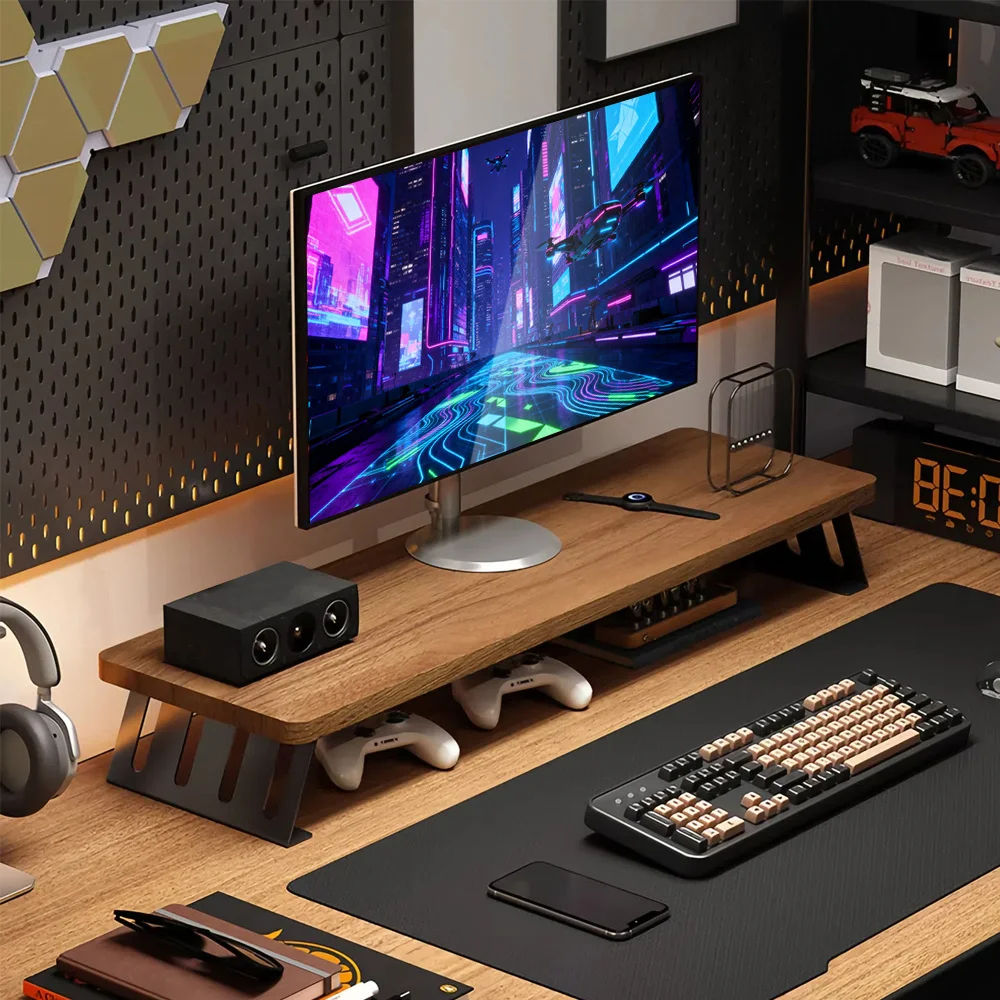 Computermonitor-Heber, großer Desktop-Ständer für zwei Monitore, ergonomischer Multifunktions-Gaming-Tischmanager mit L-förmiger breiter Basis Image