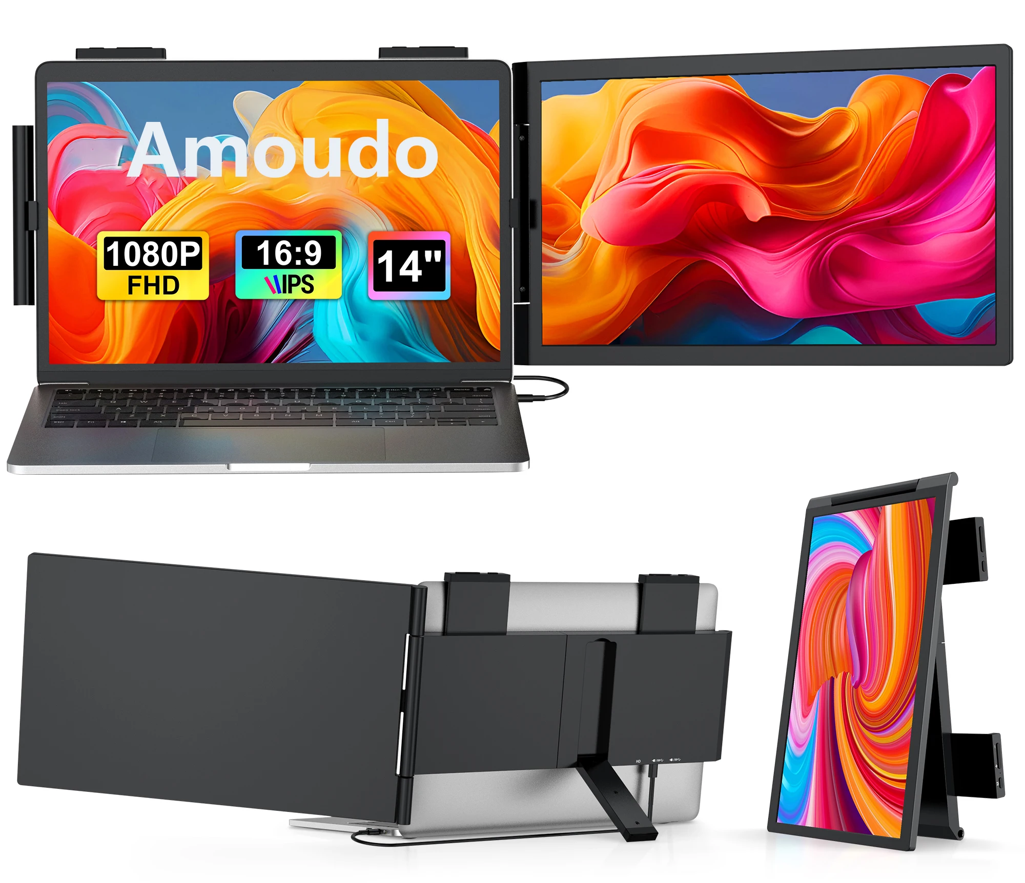 Amoudo Tragbarer Monitor 14 Zoll FHD 1080P IPS-Bildschirm Laptop-Monitor Erweiterung harter Bildschirm für Laptop Windows Mac Android Image