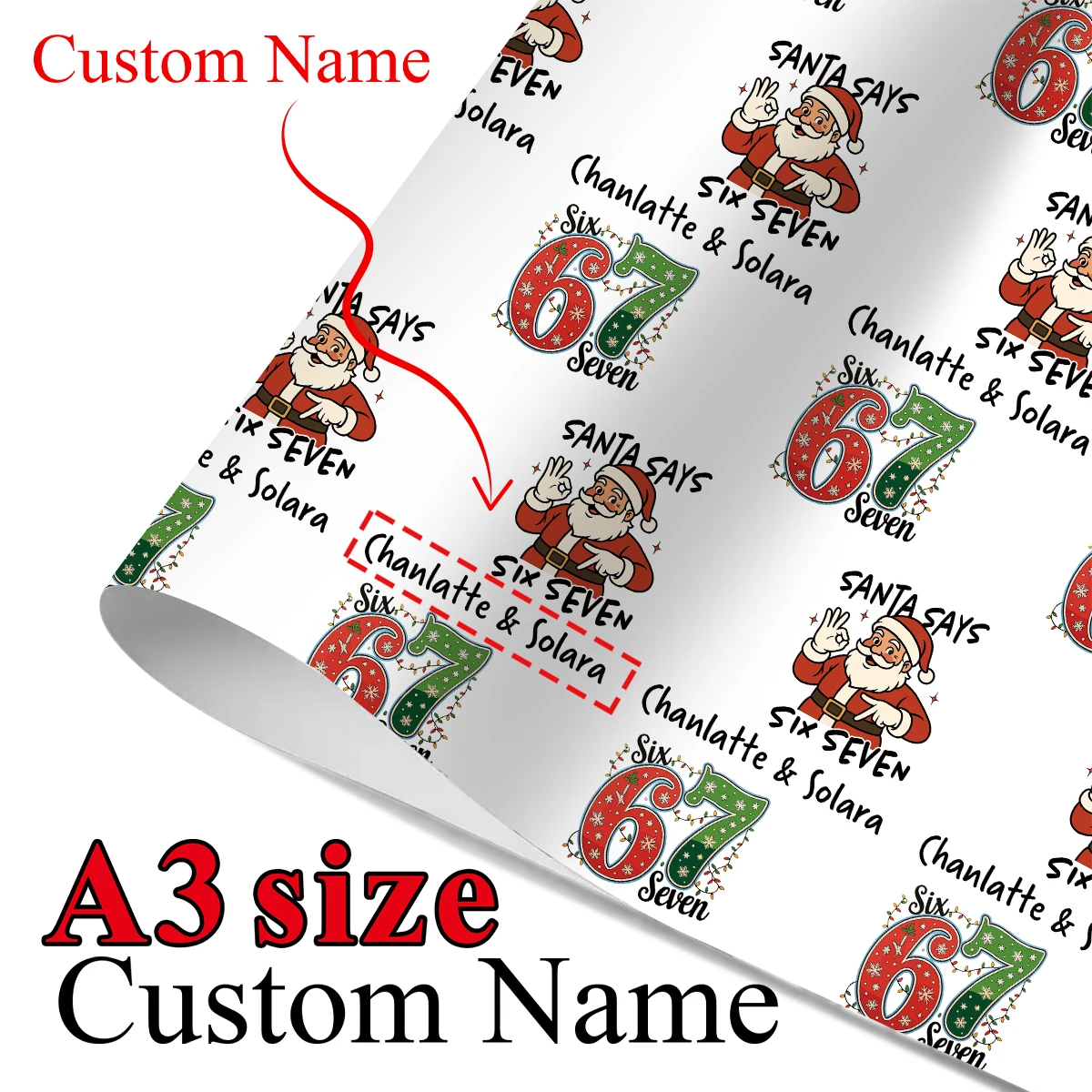 3 Stück individueller Text, Weihnachtsmann sagt Weihnachts-Geschenkpapier – Nummer sechs Sieben personalisierter Name, DIY-Bastel-Scrapbook, Geschenkverpackung Image
