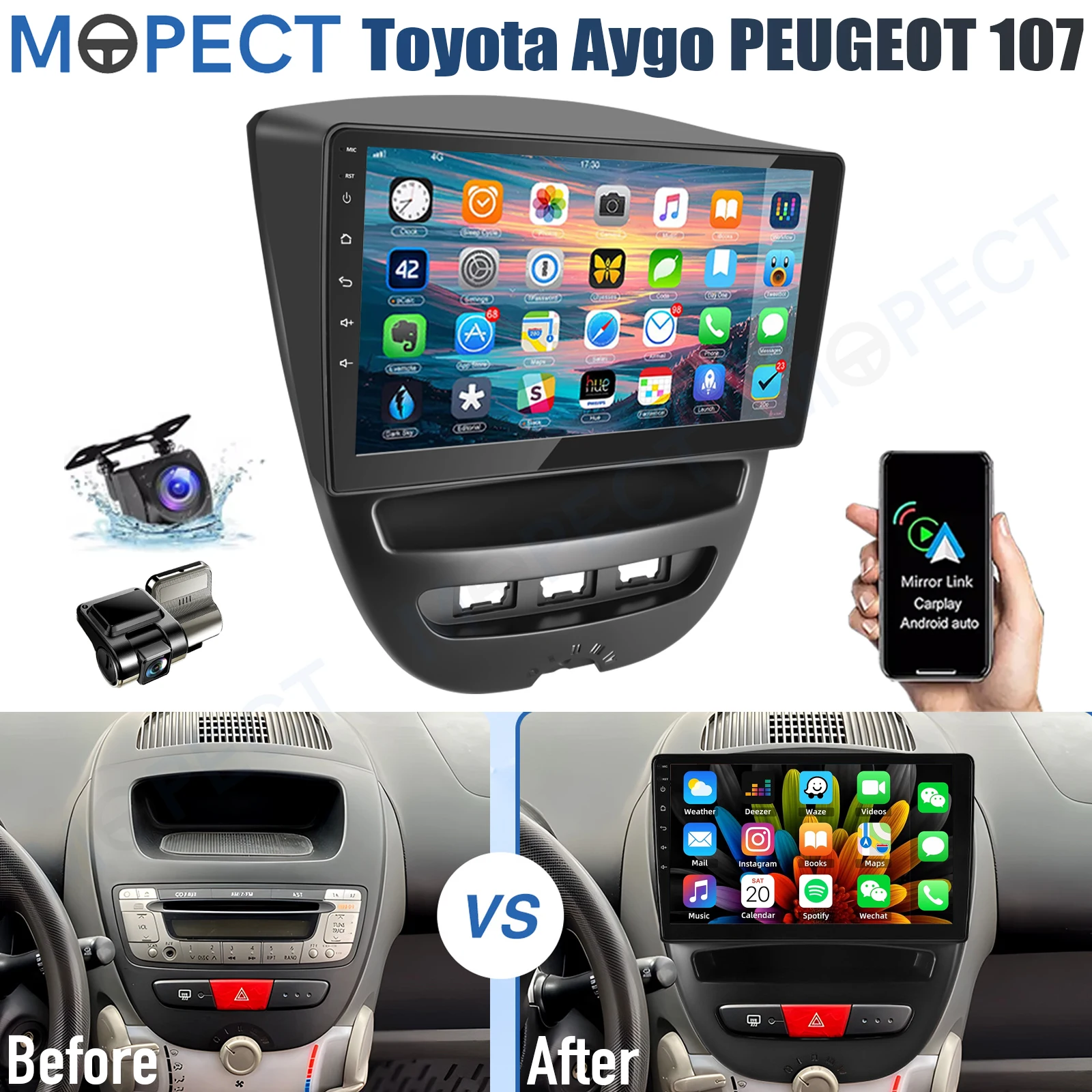 MOPECT 10,1-Zoll-Android-15-Autoradio für Toyota Aygo / PEUGEOT 107 / Citroen C1 2005-2014 WiFi Carplay 4G+64G SWC FM+DVR&CAM Image