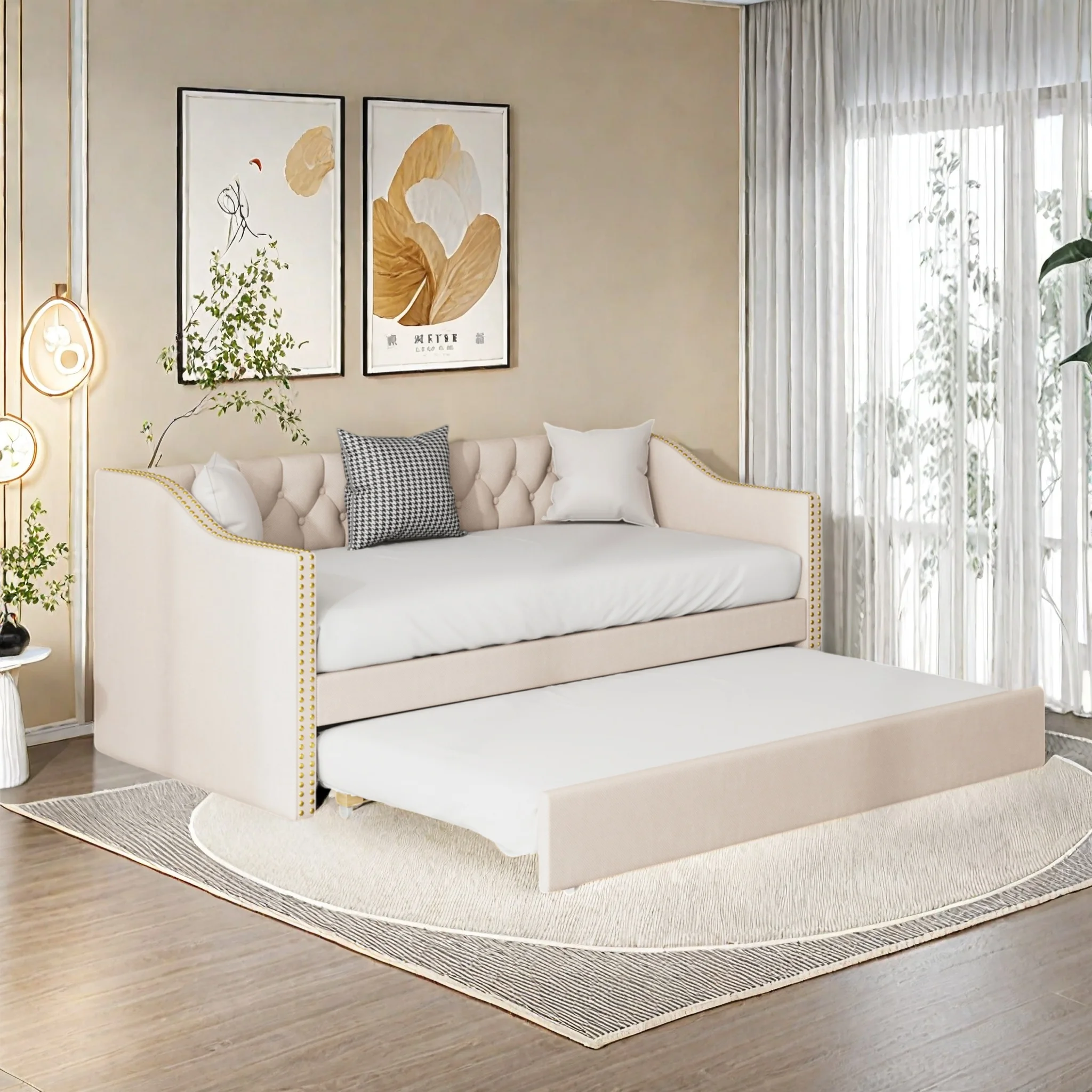 Polsterbett 90x200 cm, Ausziehbares Schlafsofa, Tagesbett Gästebett mit Bettkasten, Funktionsbett Jugendbett Kinderbett, strapazierfähiger Leinenstoff, mit Lattenrost, ohne Matratze, platzsparend