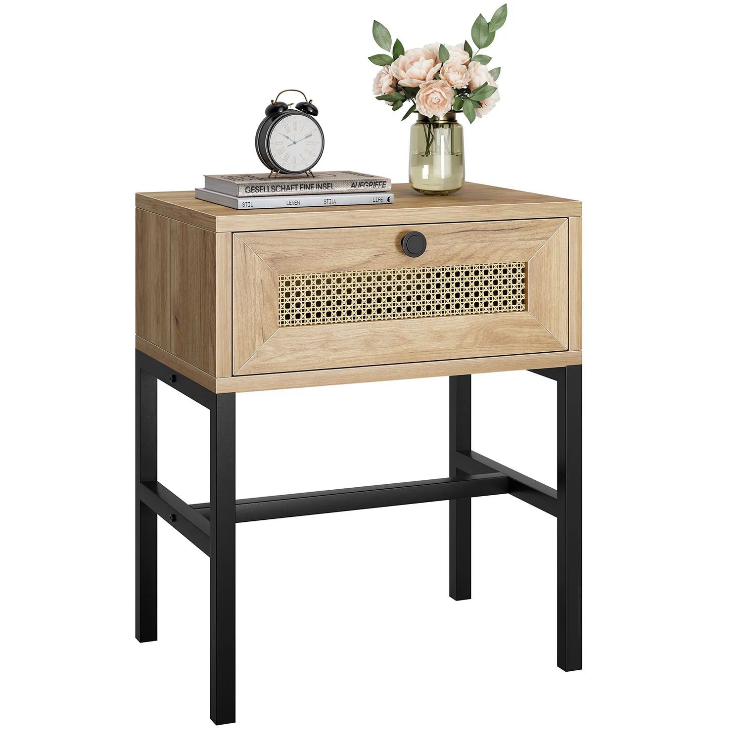 Rattan Nachttisch Holz Beistelltisch mit Schublade Boho Sofatisch mit Metallrahmen Kleiner Beistelltisch für Schlafzimmer Wohnzimmer Studentenwohnheim