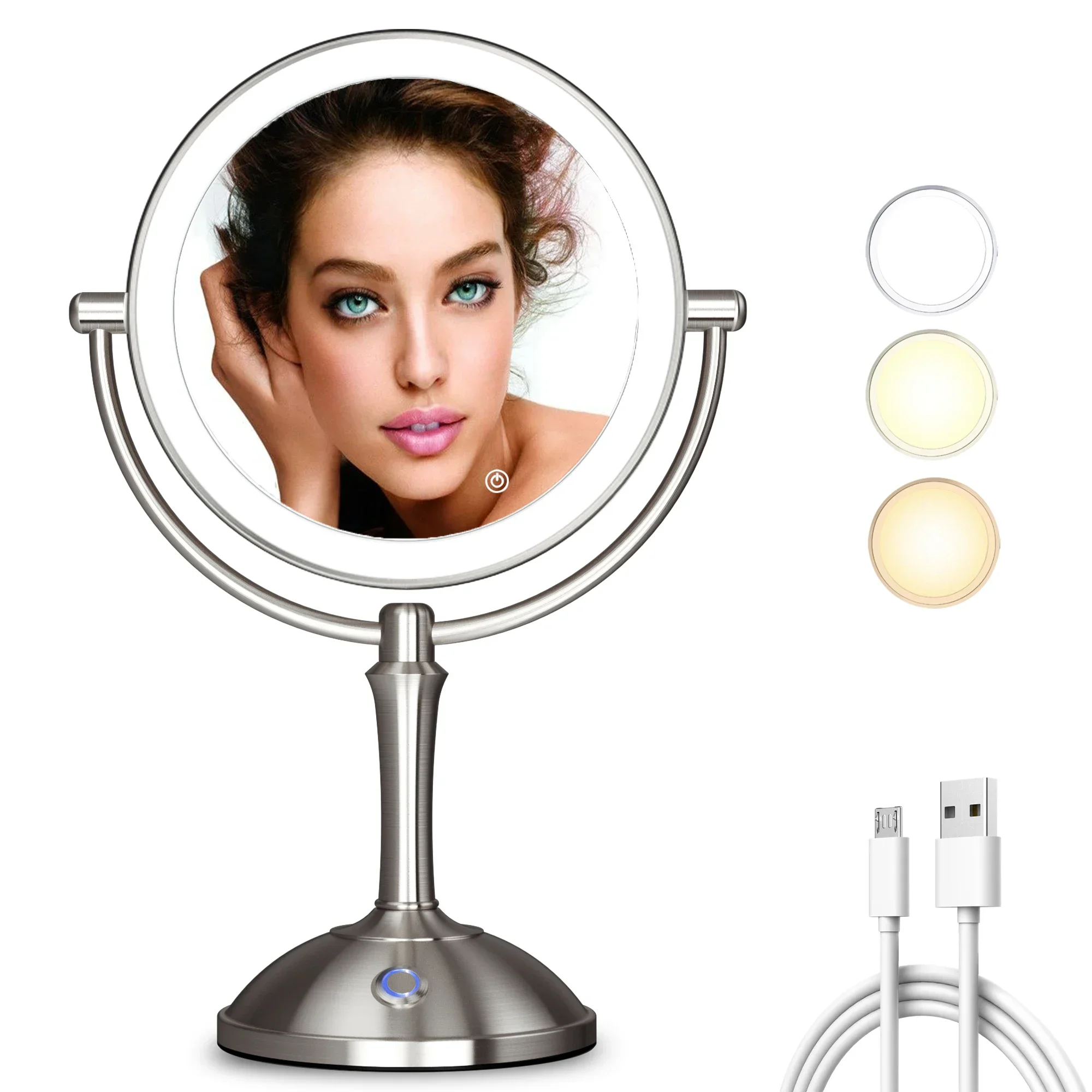 TUSHENGTU Aufladbarer Schminkspiegel mit Beleuchtung, 10-fache Vergrößerung, Doppelspiegel für Make-up, 360-Grad-Drehung, Kosmetikspiegel zum Aufstellen auf dem Tisch Image