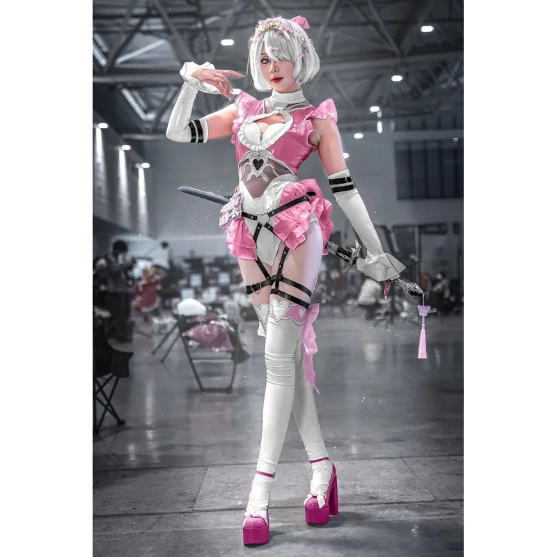 NieR:Automata YoRHa No 2 Type B Cosplay-Kostüm zum Valentinstag, rosa Leder-Overall, Socken, Requisiten, Halloween-Party, sexy Anzug für Damen
