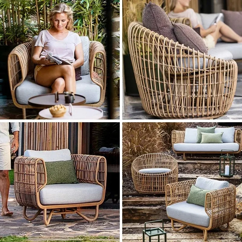 Outdoor-Sofa für Hof und Garten, Hotel, Kreatives Rattan-Bambus-Sofa mit Kaffeetisch-Kombination für Draußen