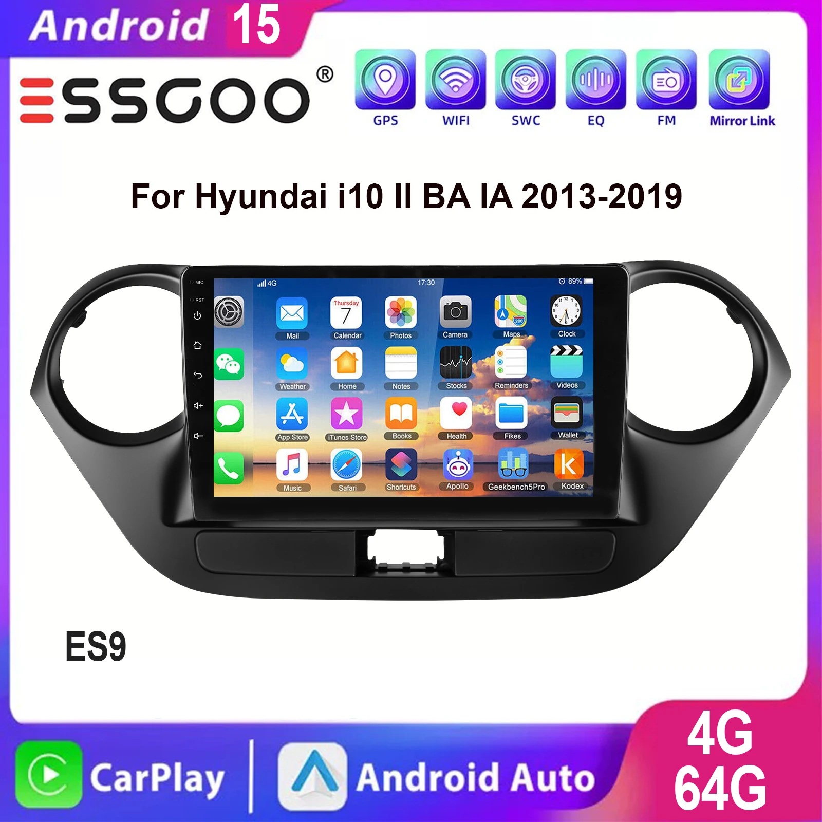 ESSGOO 9 Zoll IPS Touchscreen Apple Carplay Android auto für Hyundai i10 BA 2013-2019 Autoradio Android 15 GPS Navigation WIFI Lenkradfernbedienung USB FM Bluetooth Spiegellink ASP-Sound Geteilter Image