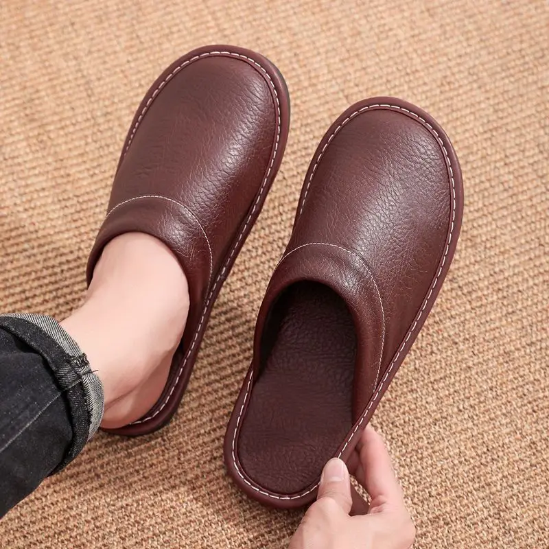 Schnelle Lieferung Hausschuhe Männer Casual Indoor PU Leder Mann Clogs Plus Größe 35-48 Herren Leder Rutschen Hause Hausschuhe Unisex