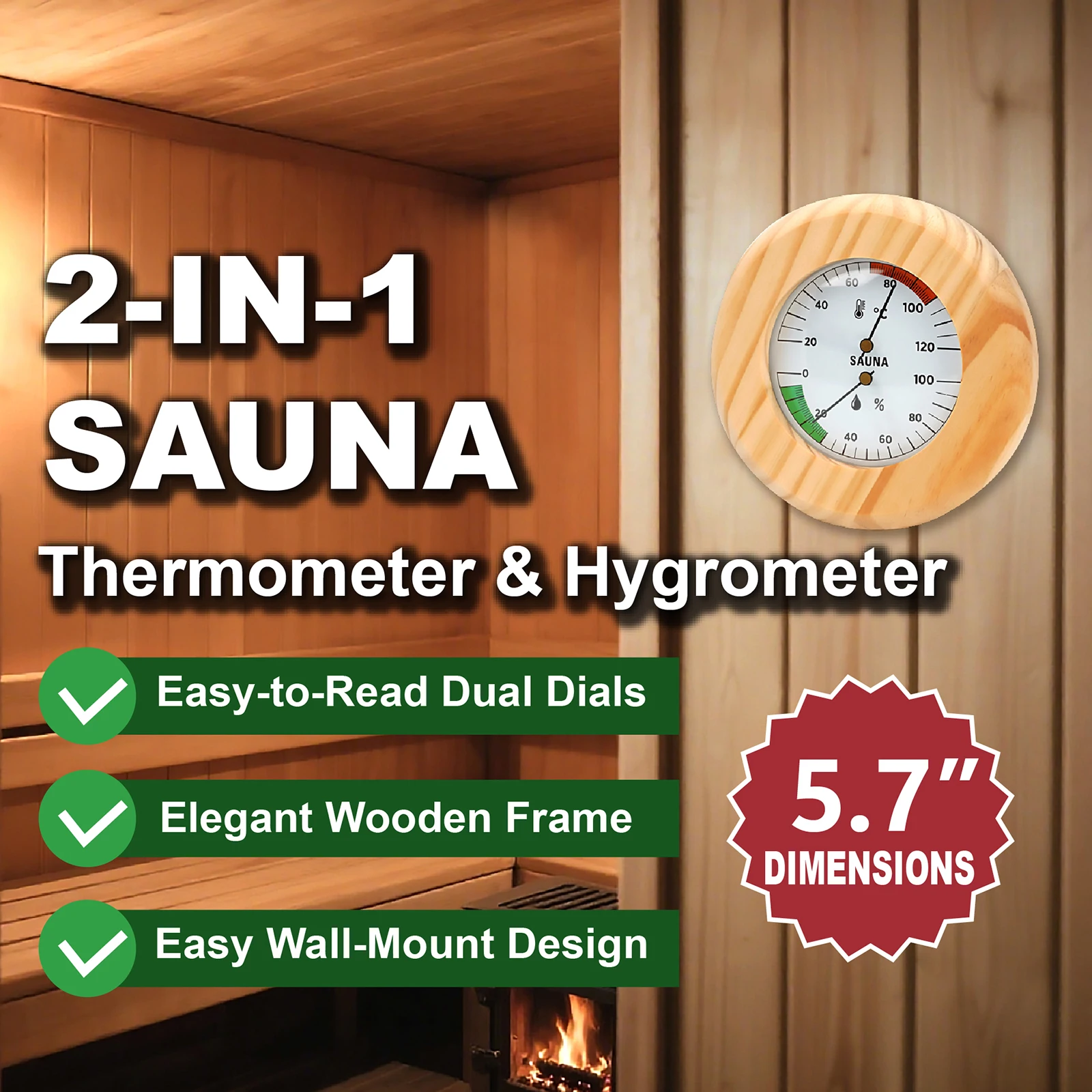 Sauna-Thermometer, 2-in-1-Hygrothermograph aus Holz, Sauna-Zubehör, Messgerät für Innenfeuchtigkeit und Temperatur