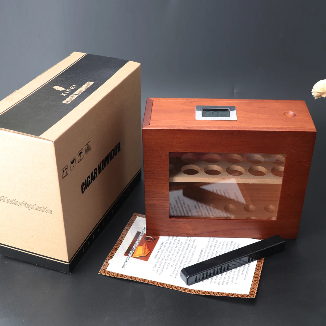 Xifei Zigarren-Humidorbox aus Holz, sichtbares Glasfenster, Raucherzubehör, einzigartiges Design, Zigarettenetui mit Hygrometer Image