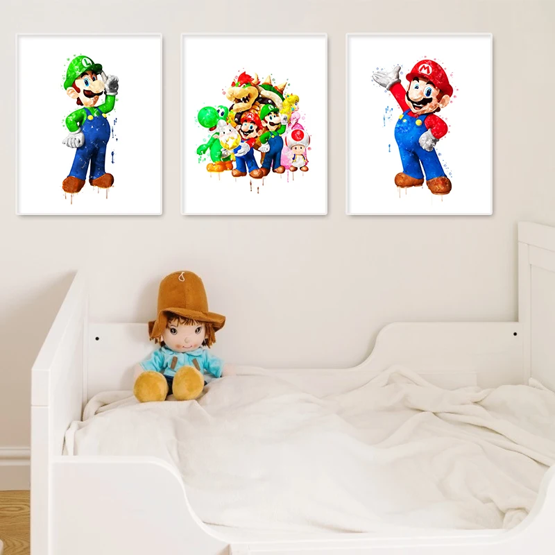 Graffiti Aquarell Kunst Luigi MarioPoster Drucke Spielzimmer Leinwand Gemälde Bild Wohnzimmer Kinder Schlafzimmer Home Decor Cuadros