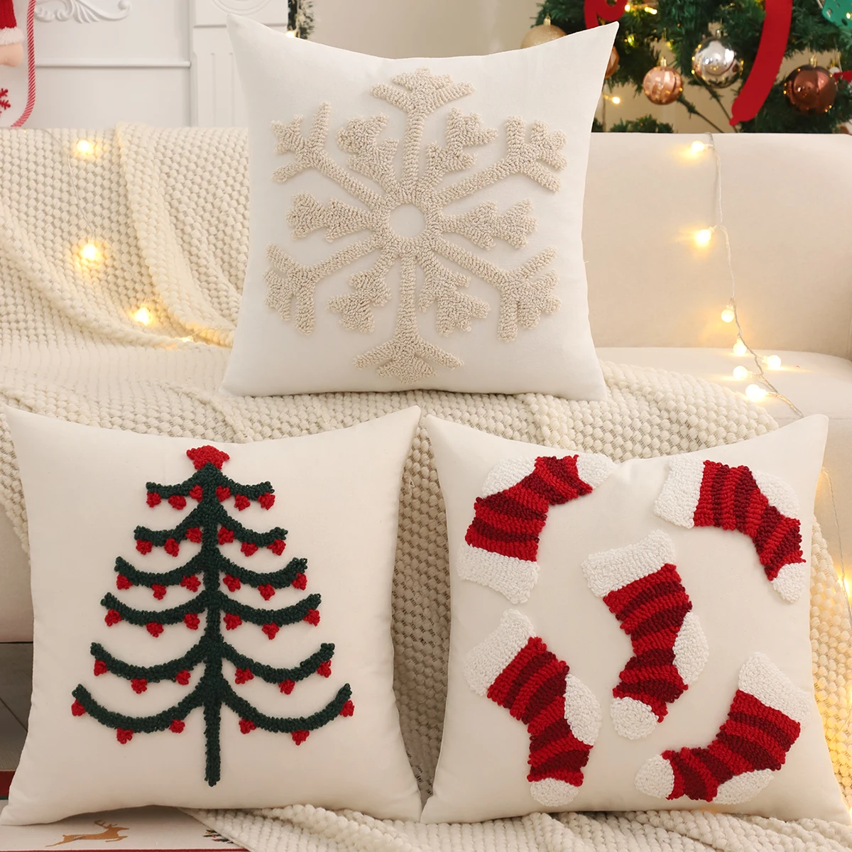 Getufteter Kissenbezug, Weihnachtsdekoration, Leinwand, Weihnachtsbaum, Schneeflocke, Socken, Winter, Bauernhaus, Zuhause, Sofa, Wohnzimmer Image