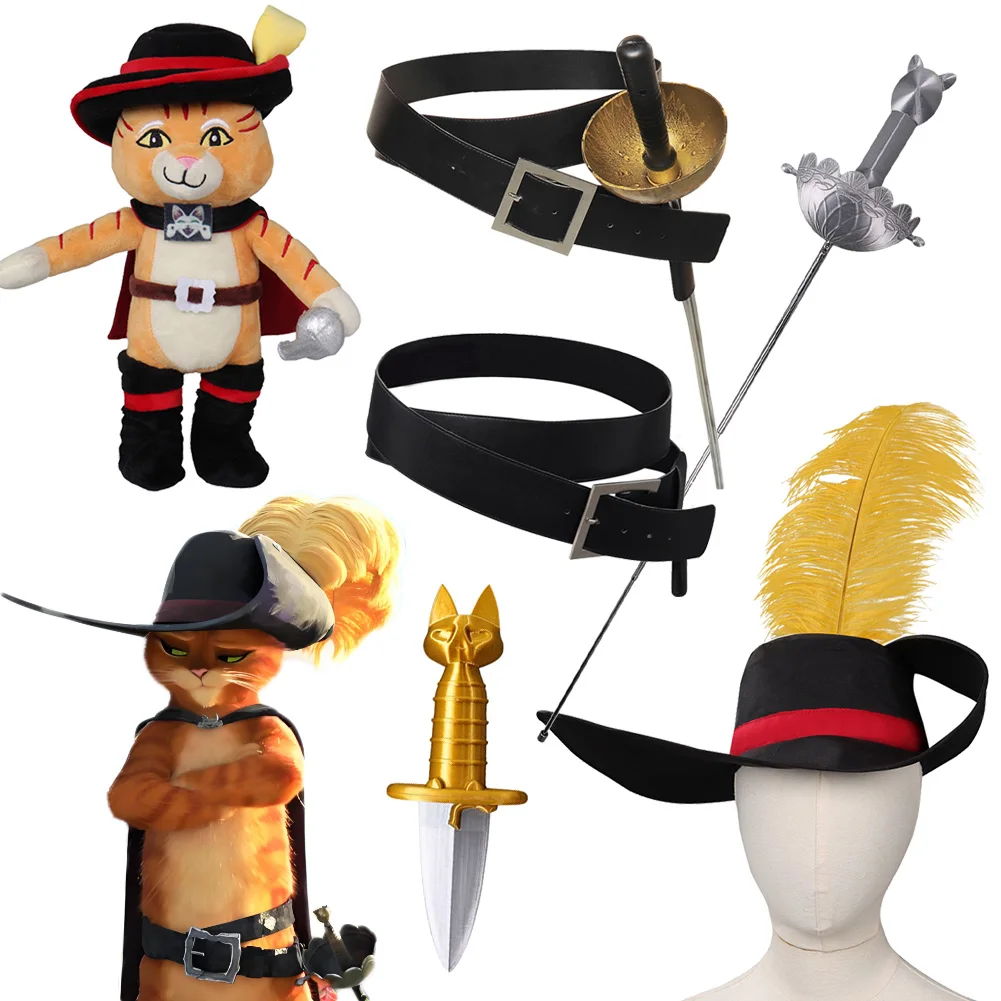 Der gestiefelte Kater Cosplay Katze Schwertkämpfer Hut Schwert Gürtel Kostüm Zubehör Requisiten Geschenke für Kinder Erwachsene Halloween Karneval Party Image