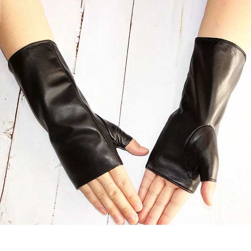 Lange Schaffell-Halbfingerhandschuhe für Damen, Leder, Autofahren, Herren, Outdoor, Motorradfahren, fingerloser Sonnenschutz Image