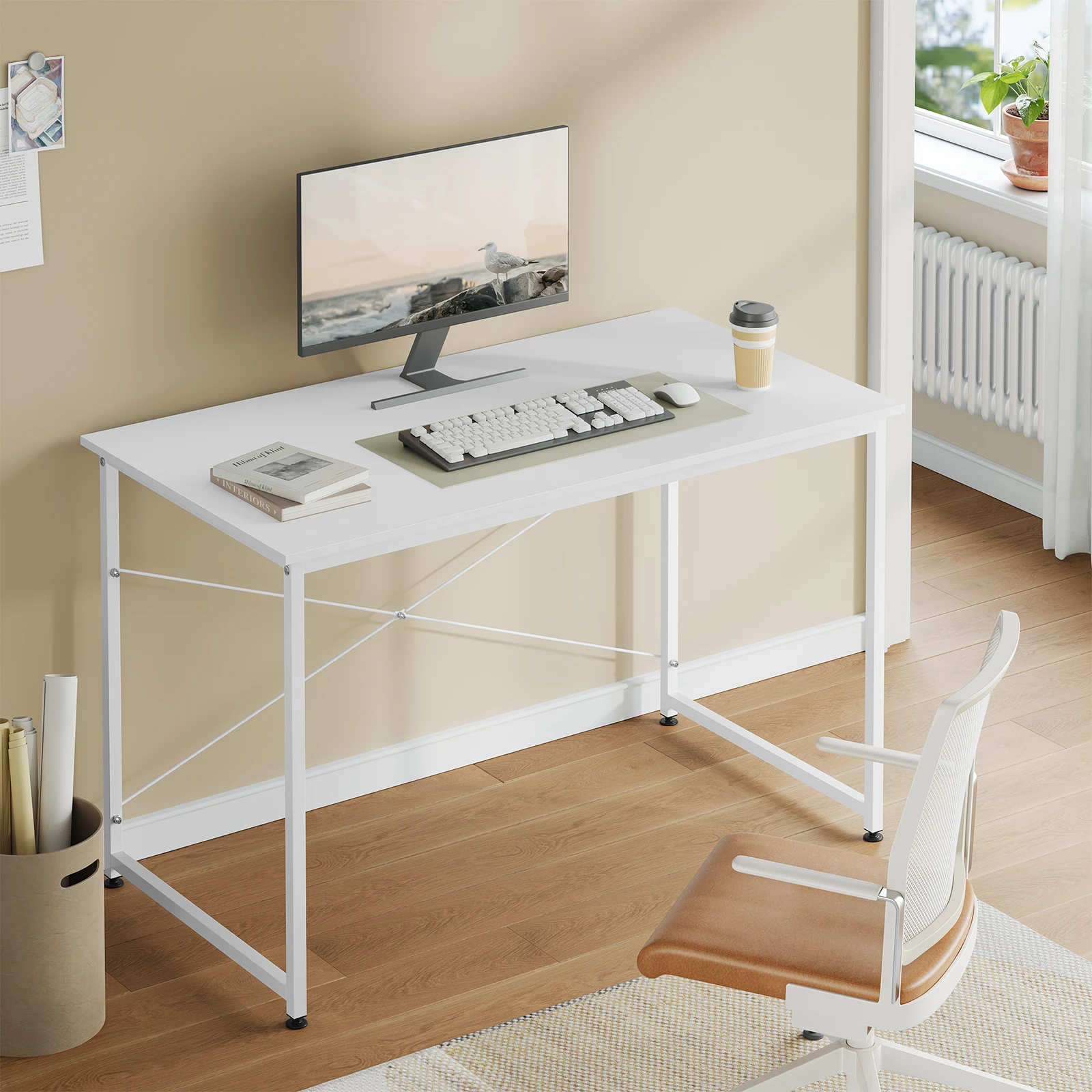 WOLTU Weißer Holzschreibtisch, Computer-Gaming-Tisch, quadratischer Bürotisch mit Metallrahmen, verstellbare Fußauflage für Büro, Zuhause, Schlafzimmer