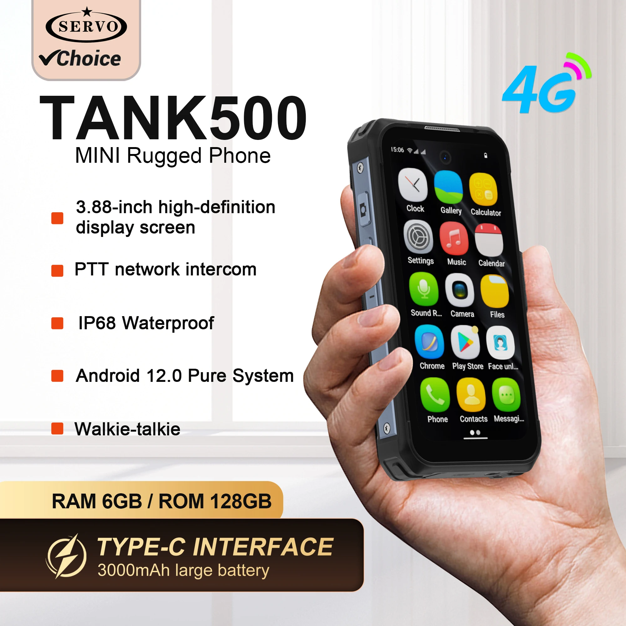 SERVO TANK500 4G Android Mini Robustes Smartphone 6 GB + 128 GB 2 SIM Face Unlock 3,88 Zoll 3000 mAh 13 MP Kamera Wasserdichtes Smartphone