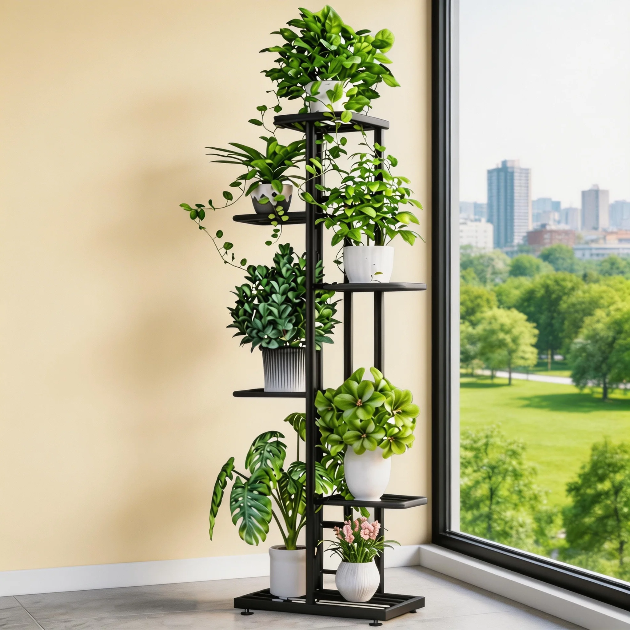 Metall-Pflanzenständer, 6-stufig, Pflanzenregal, Eck-Pflanzenständer für 7 Töpfe - Platzsparend für Wohnzimmer, Balkon, Garten, Terrasse Image