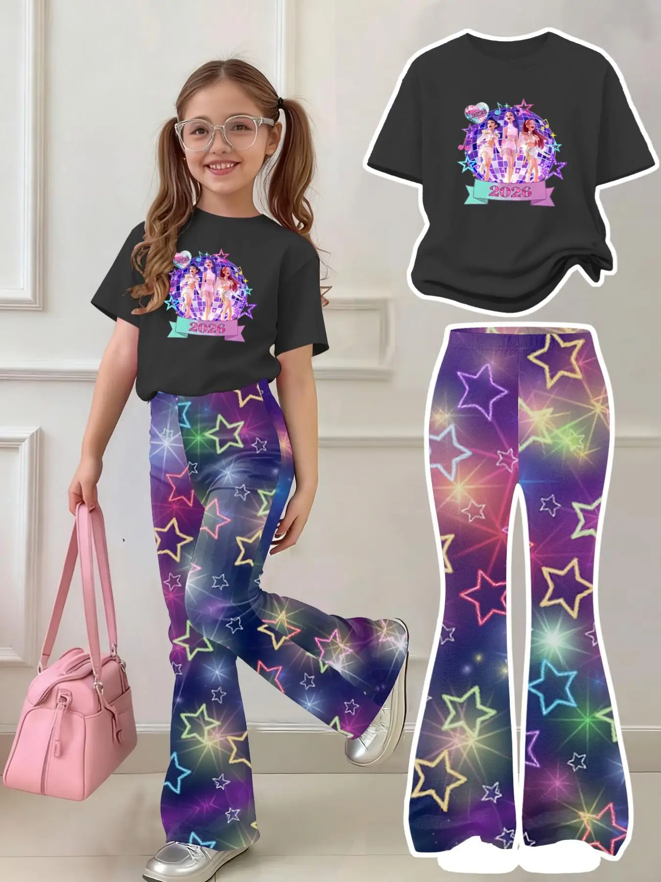 Mädchen 2-teiliges Konzert-Outfit 2026 – Schwarzes Grafik-T-Shirt & Neon-Stern-Print Schlaghosen-Set für Kinder Image