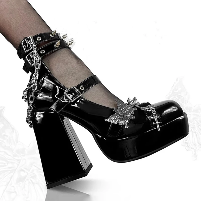 Punk Gothic High Heels Pumps Damen 2025, Lackleder, schwarze Lolita-Schuhe, Damen, Y2K-Knöchelriemen, dicker Absatz, Mary Jane-Schuhe