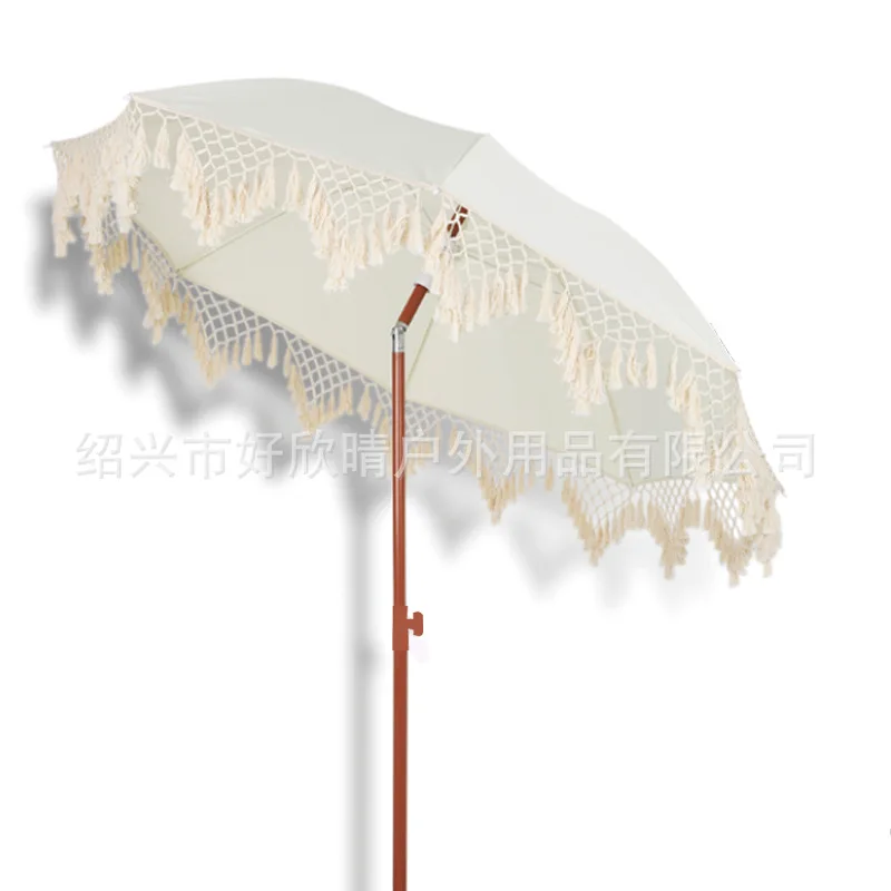 Off-White Dreieckiger Gewebter Hohlschirm mit Quasten für Außenbereich, Sonnenschutz, Hof, Freizeit, Strand, Windbeständig Image