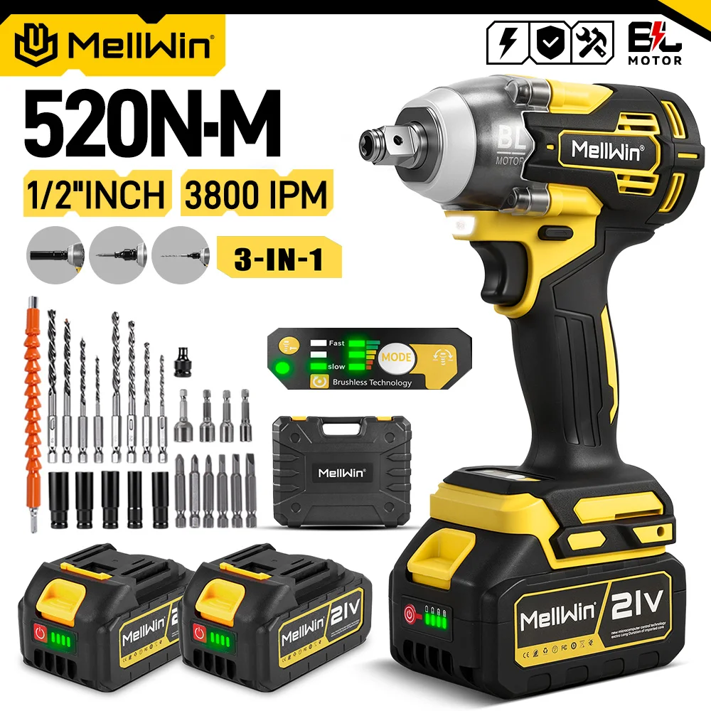 MELLWIN 520N·m Bürstenloser elektrischer Schlagschrauber, kabelloser elektrischer Bohrschrauber, Autoreparaturwerkzeug für Makita 18V Akku-Pin Image