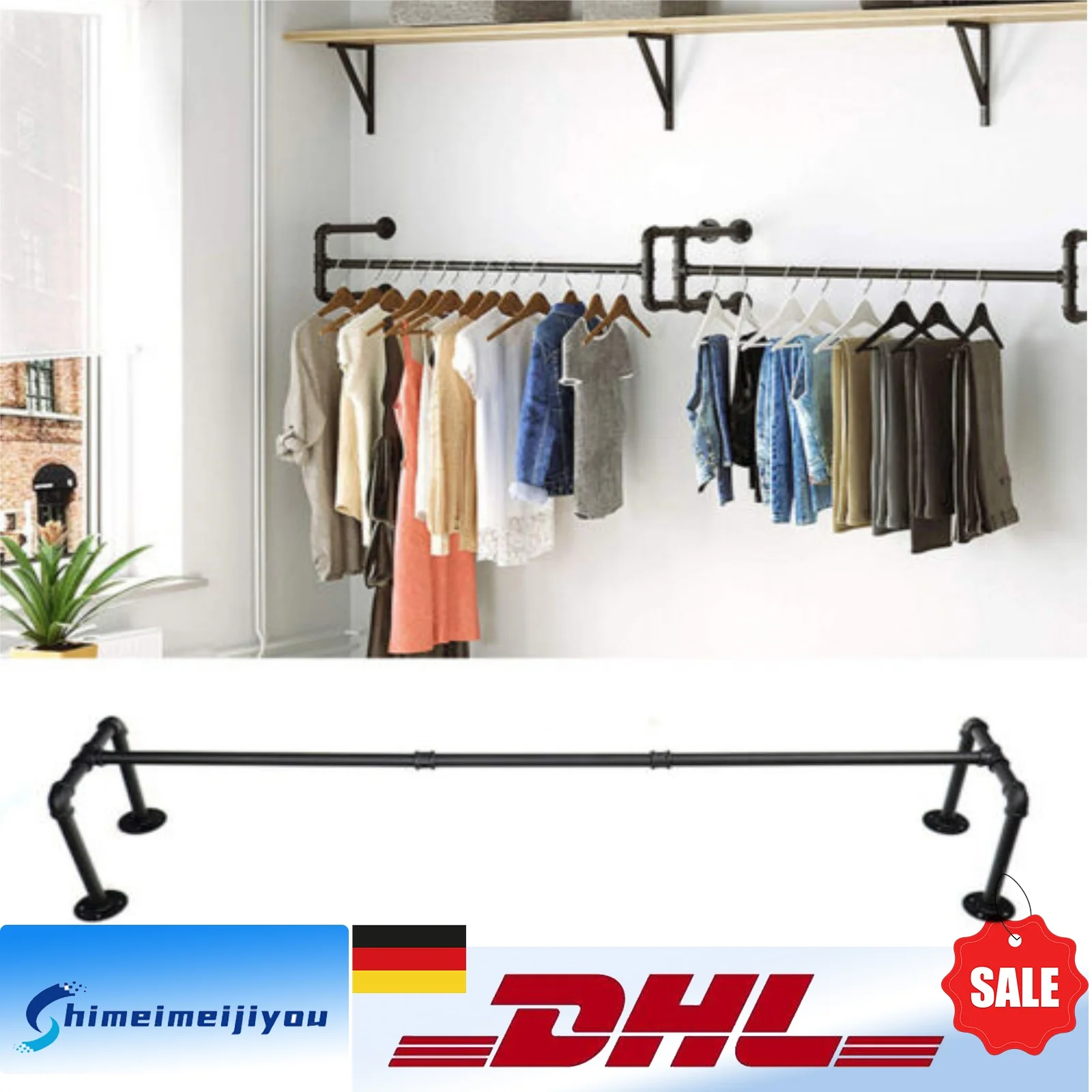 Industrielle Rohr-Kleiderstangen Wandmontierte Kleiderstange Abnehmbare Retro-Metall-Kleiderstangen für Schlafzimmer Tragfähigkeit bis zu 40 kg