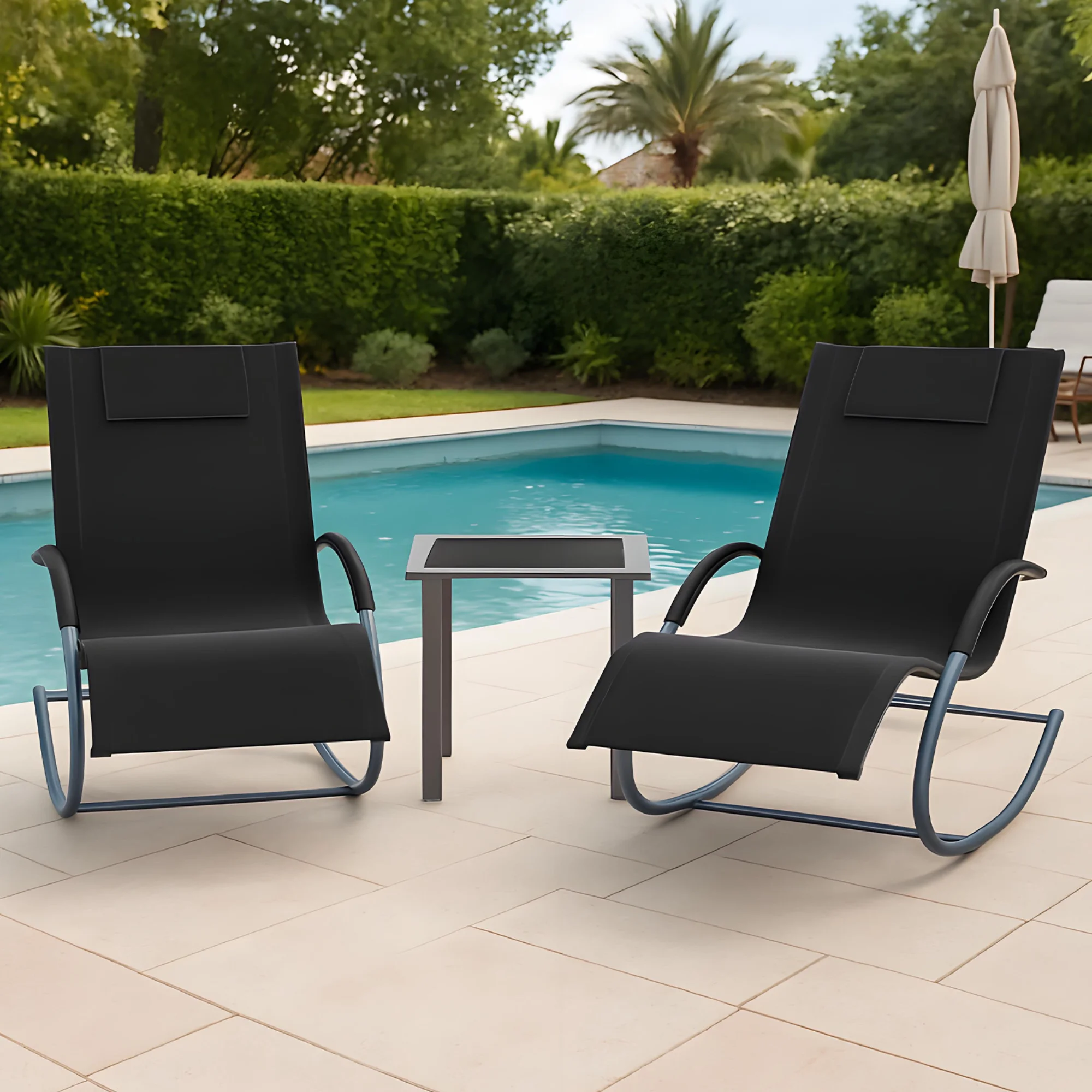 3er-Set Schaukelstühle 2 Garten-Sessel & 1 Beistelltisch Schnelltrocknender Stoff Eisenrahmen für Pool Terrasse Strand Garten Image