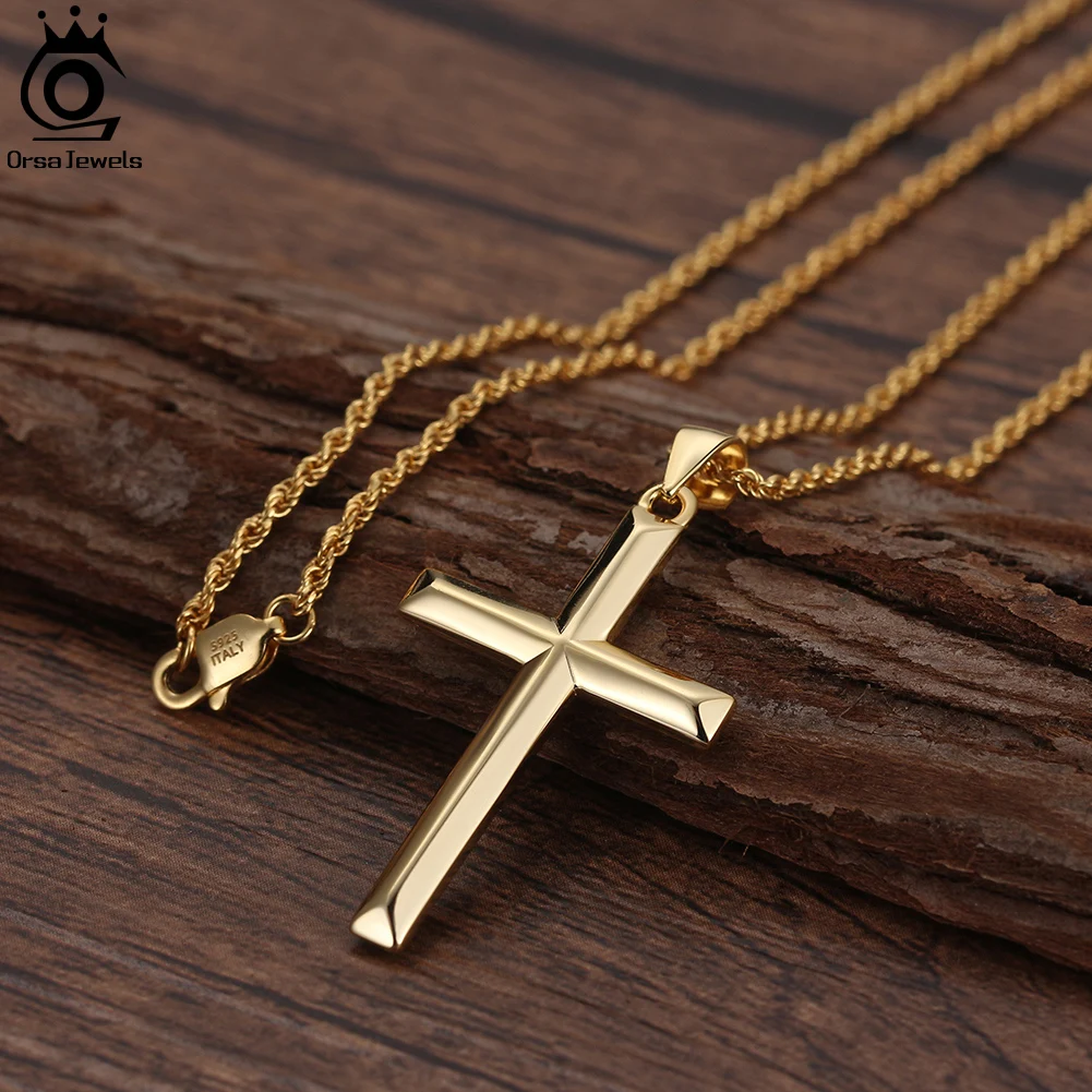 ORSA JEWELS Klassische 14K Gold Kreuz Anhänger Halskette für Männer Frauen 925 Sterling Silber Halskette Christian Religiöse Schmuck NMN01 Image
