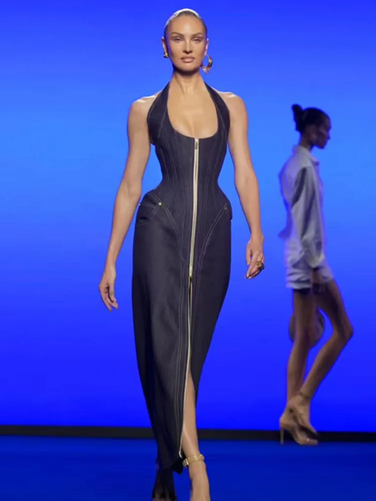 2025 neue Frauen Promi Sexy Backless Halter Blau Zipper Denim Maxi Lange Kleider Kleid Elegante Abend Party Club Vestido