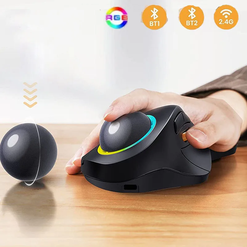 Jomaa Bluetooth RGB Trackball Maus 2,4 GHz Drahtlose Finger Control Wiederaufladbare Ergonomische Hintergrundbeleuchtung Rollerball Mäuse für Mac iPad Image