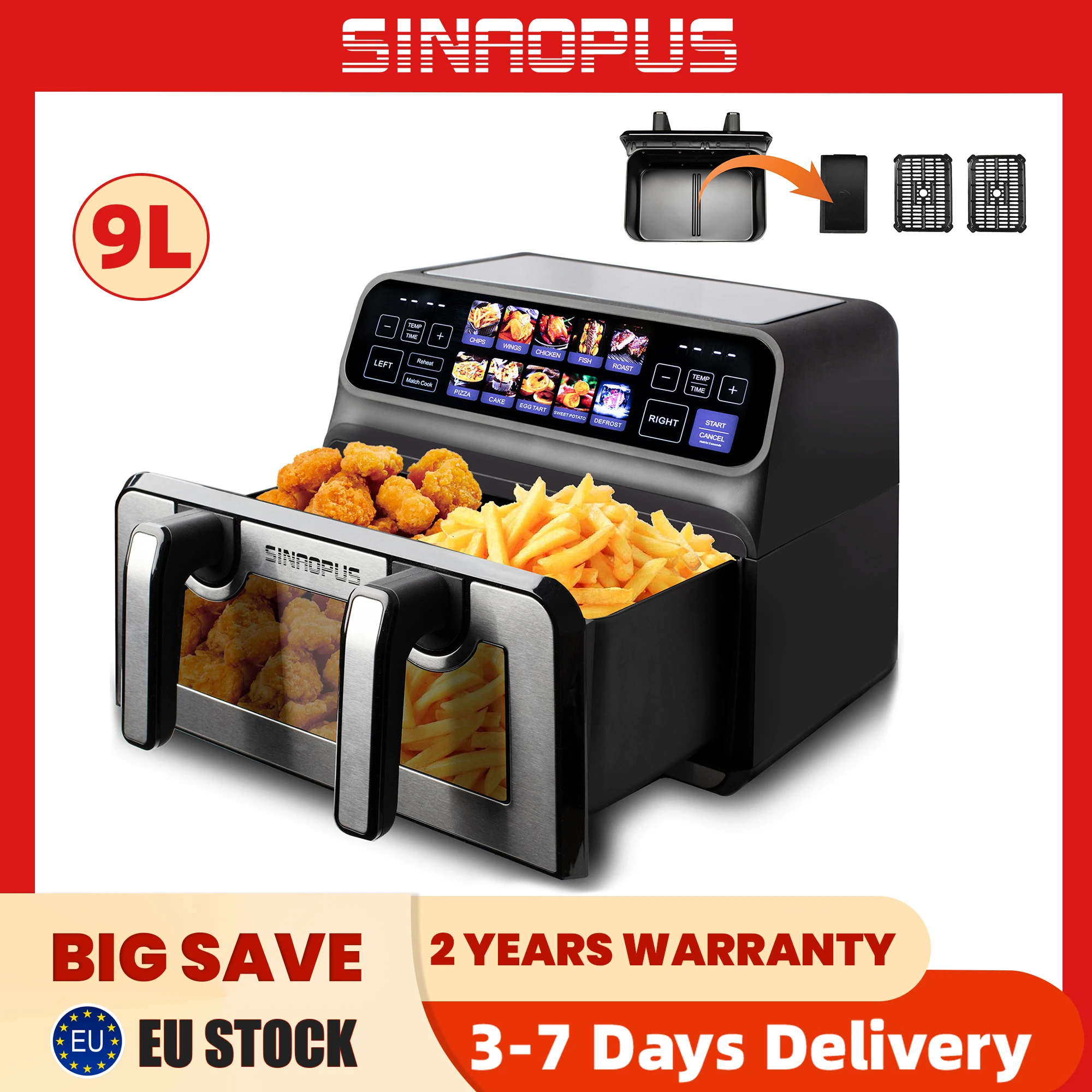 Sinaopus 2200W Heißluftfritteuse mit zwei Körben, 9 l, XXL, Multifunktions-Heißluftfritteuse mit LED-Touchscreen, zeitgesteuertes Autoprogramm, ölfrei
