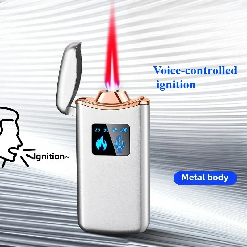 Hochwertiges, intelligentes, sprachgesteuertes, winddichtes Feuerzeug aus Metall mit mattierter Textur, vier Arten von Zündfeuerzeugen, rote Flamme