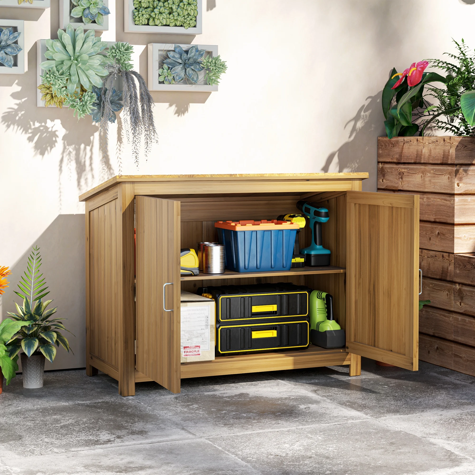 Outsunny Gartenschrank Holz, Geräteschuppen wetterfest 110x50x85cm, Gerätehaus