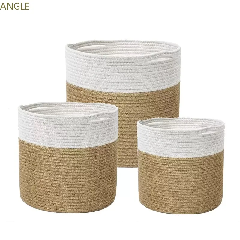 Pflanzkorb aus gespleißtem Baumwollseil aus Jute, gewebter Aufbewahrungskorb für den Innenbereich, Blumentöpfe decken Wäschebehälter mit Griff ab Image