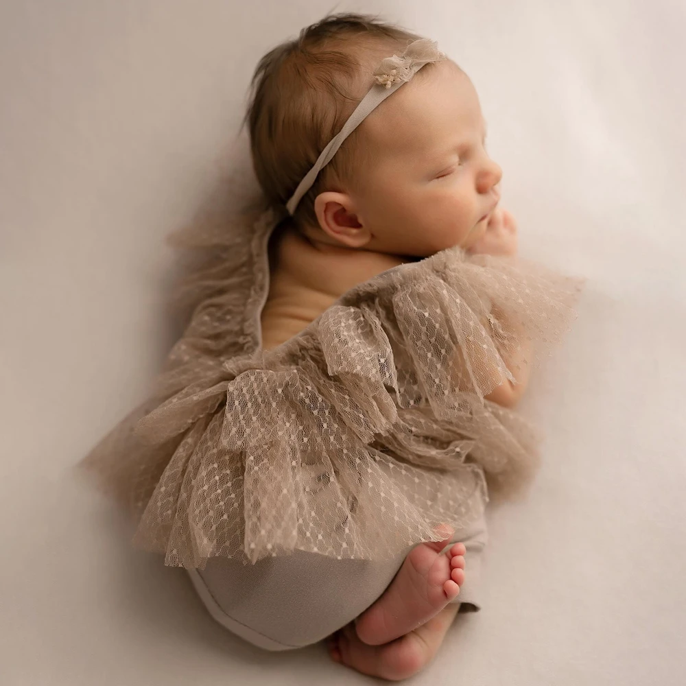 Neugeborenen-Fotografie-Outfit, Spitzen-Tüll-Strampler, Baby-Mädchen-Fotoshooting-Requisiten, weiches Vintage-Fotokostüm für Neugeborene, 0–3 Monate Image
