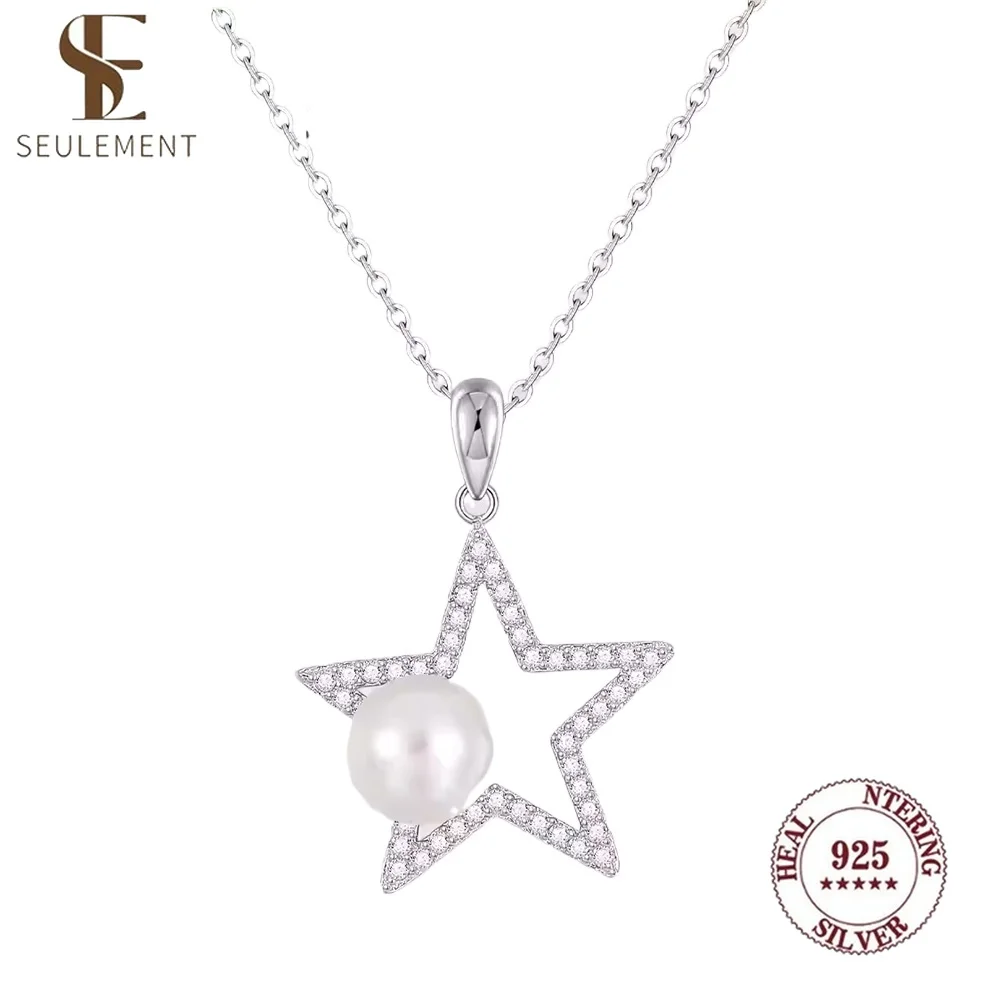 Seulement Sternförmige Anhänger-Halskette mit natürlicher Perle und Zirkon, 925er Sterlingsilber, eleganter Schmuck für Frauen, ideales Geschenk Image