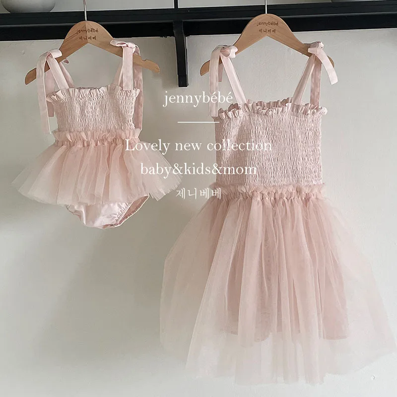 2023 neue Sommer Baby Mädchen Riemen Mesh Stram pler Prinzessin Geburtstag Tutu Kleid amerikanischen Stil Kinder Tüll Spitze Smocking Kleider Image