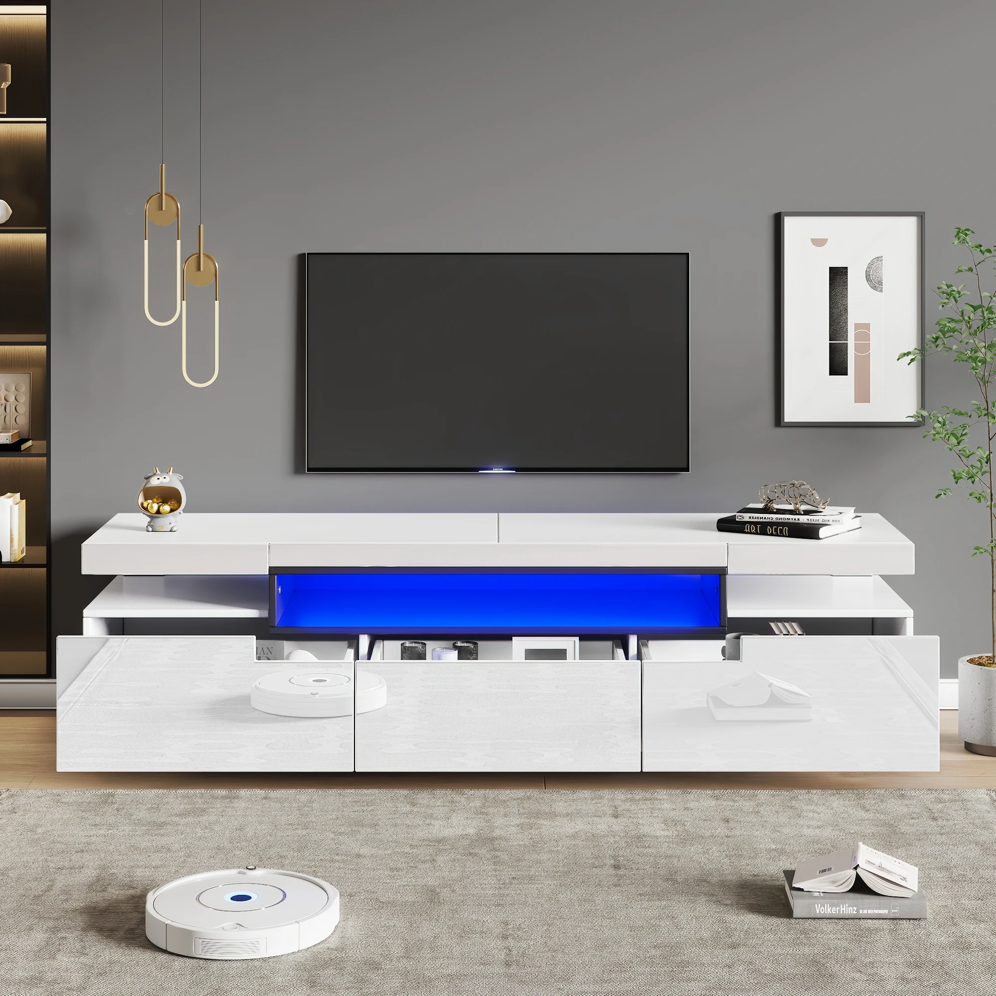 KOMHTOM Weißer Hochglanz-TV-Schrank 160x39x42cm - 16 Farben LED-Beleuchtung, Platz für 70 Zoll Fernseher, inklusive 3 Schubladen