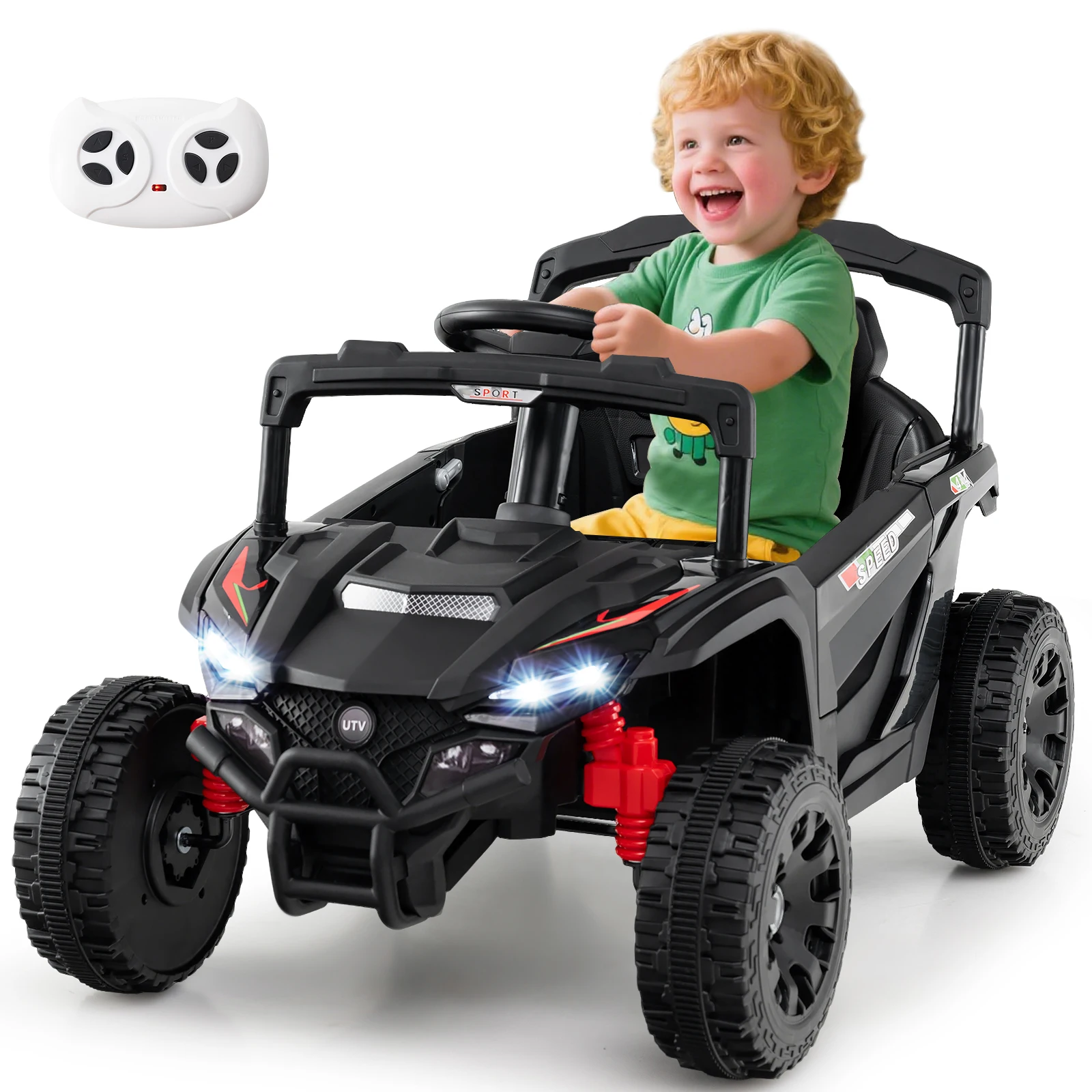 Elektroauto für Kinder, Elektrischer UTV-Truck mit Fernbedienung, 3 Geschwindigkeiten, LED-Lichter, Musik, Hupe & Federung, Kinderauto Image
