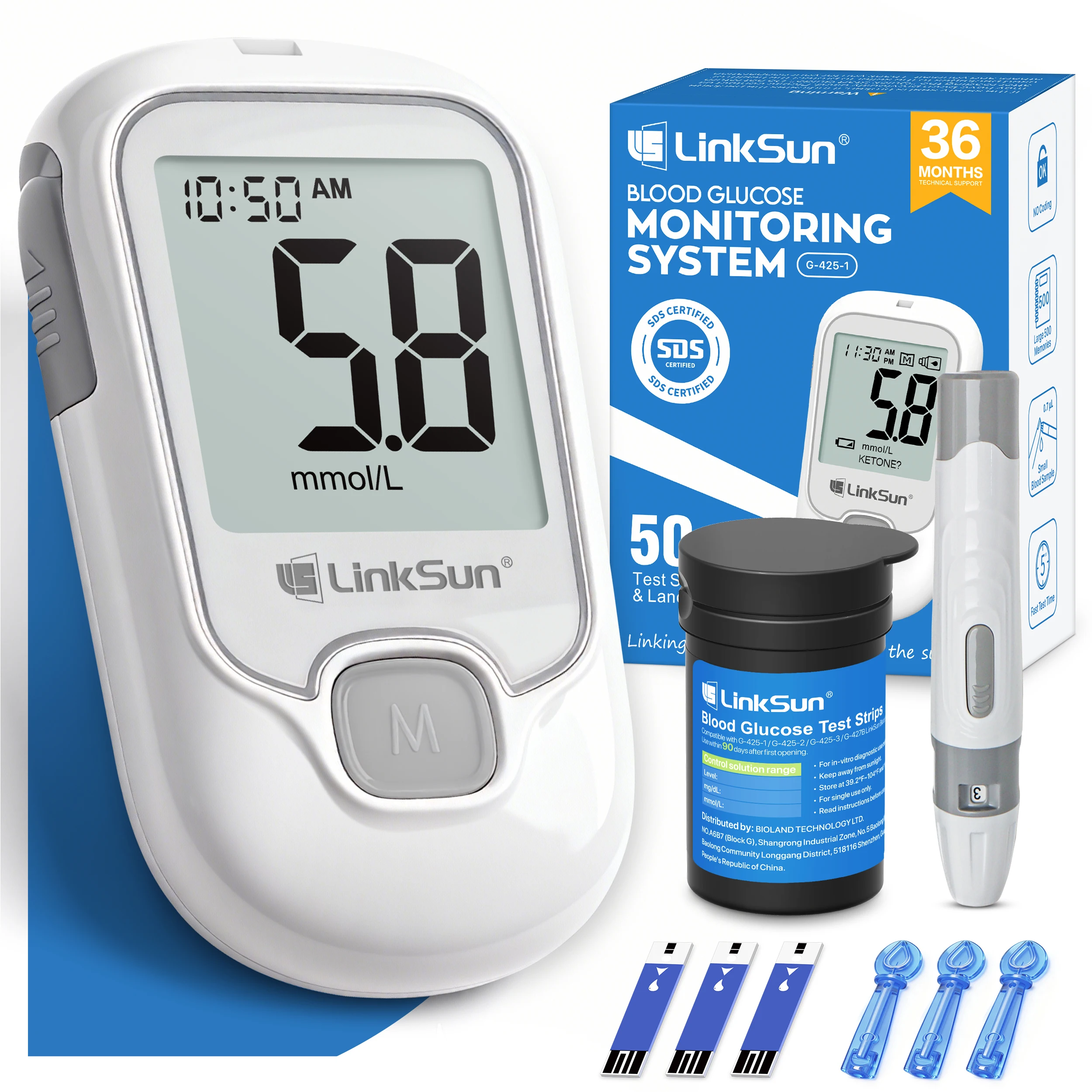 G-425-1 Blutzuckermessgerät-Set 50/100 Stück LinkSun Teststreifen Lanzetten für Diabetes-Monitor Digitales Glukometer Blutzuckermessgerät Image